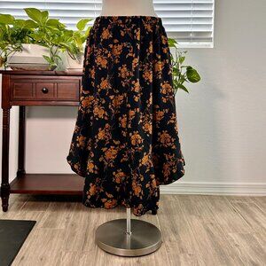Black Floral High-Low Midi Skirt with Elastic Waist